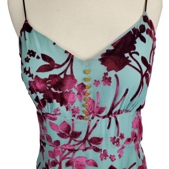 Yigal Azrouel Y2K Silk Blend Slip Dress 6 Elegant Teal w/ Plum Velvet Floral NWT - Picture 5 of 16